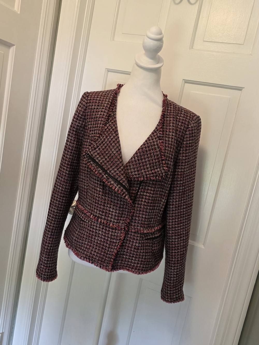 White House Black Market Red Tweed Fringe Asymmetric Zip Moto Jacket Blazer 10